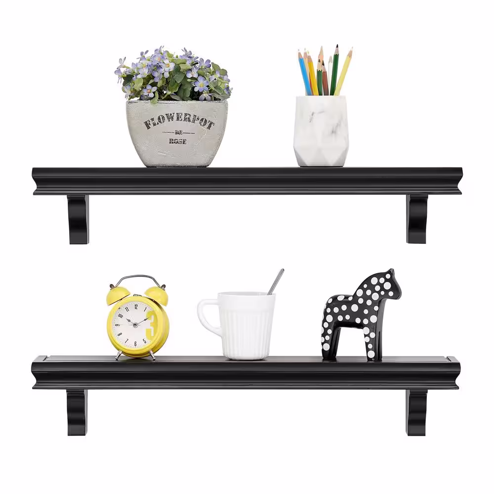 DANYA B 24 in. Black Floating Display Ledge Wall Shelves (Set of 2)