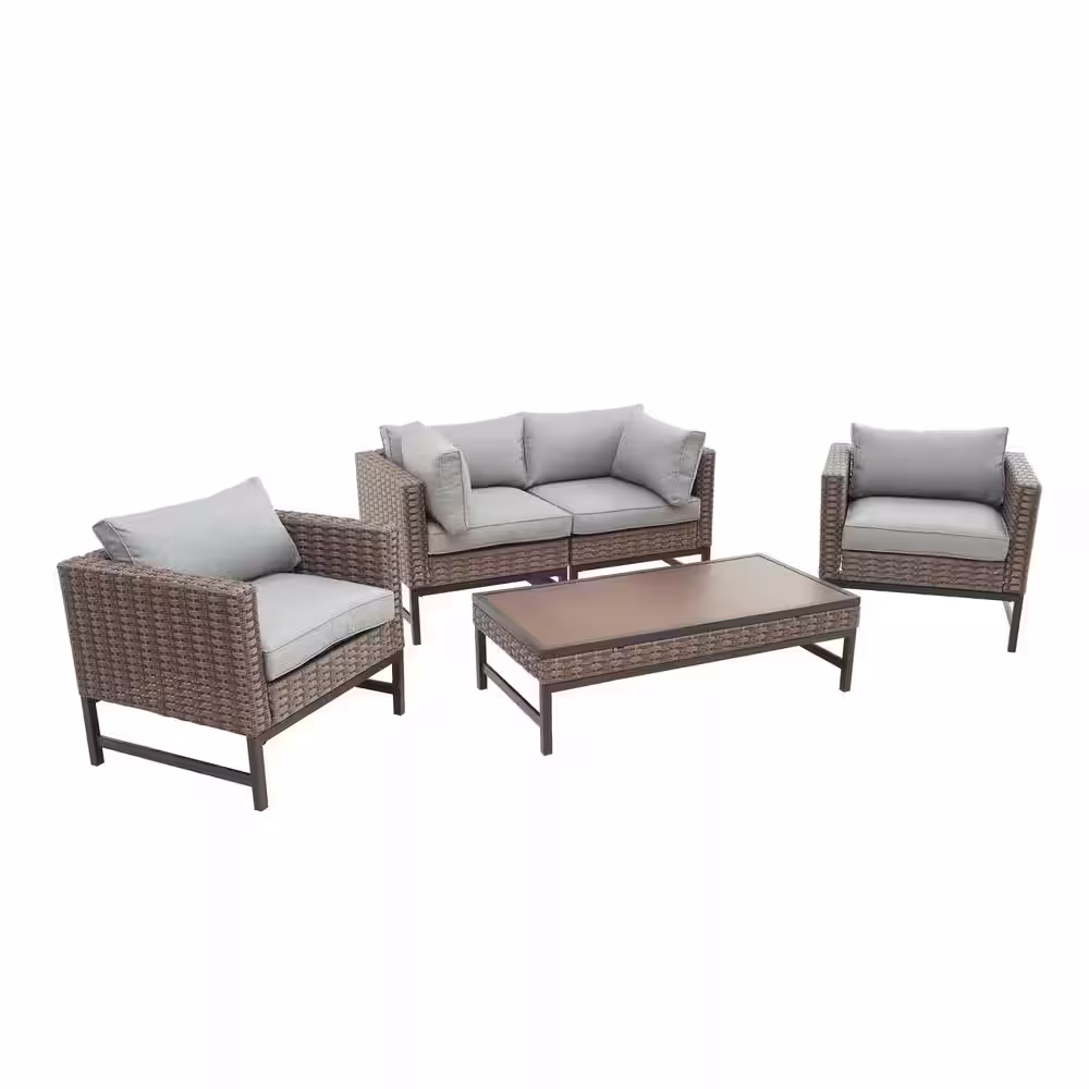 Patio Festival Right-Angle 5-Piece Wicker Patio Conversation Seating Set with Gray Cushions