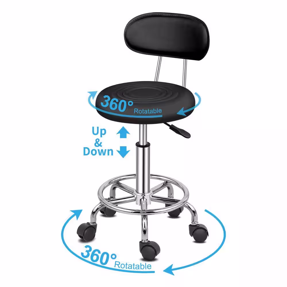 None 34 in. Height Black PU Leather Seat Adjustable Salon Stool with Back Office Rolling Chair
