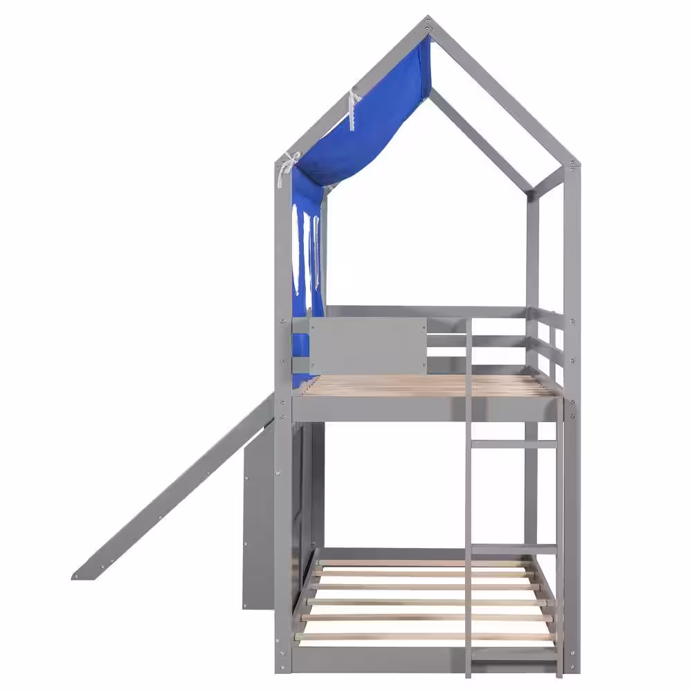 Harper & Bright Designs Gray Twin over Twin Wood House Bunk Bed with Blue Tent, Slide, Shelves, Blackboard, and Ladder
