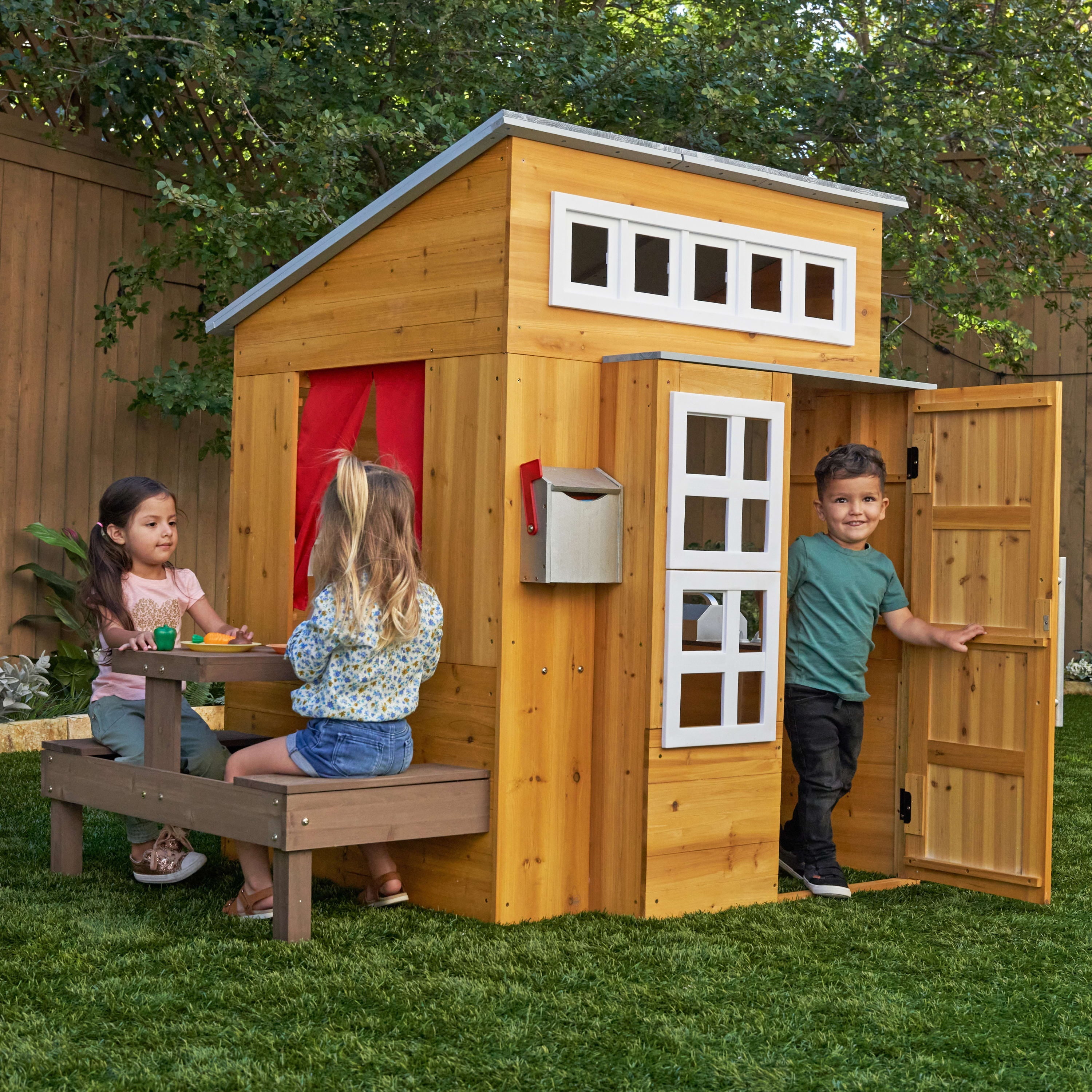 KidKraft Modern Outdoor Wooden Playhouse with Picnic Table, Mailbox and Outdoor Grill