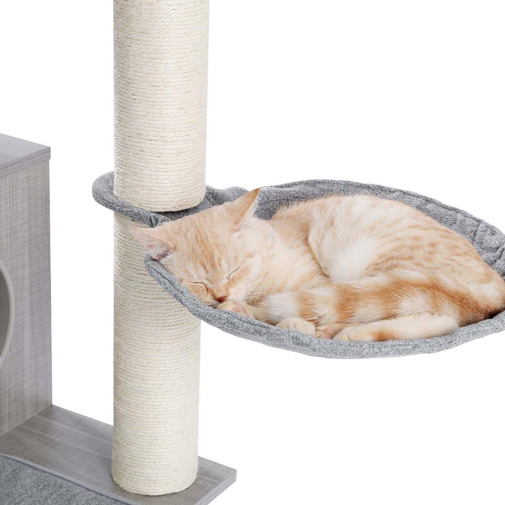 Foobrues Multi-Level Cat Tree Modern Cat Tower Wooden with Scratching Post Condo Hammock and Hanging Ball Grey