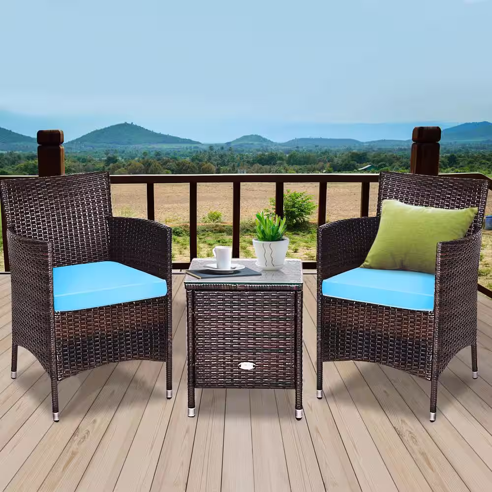 None 3-Piece Plastic Wicker Patio Conversation Set with Turquoise Cushions