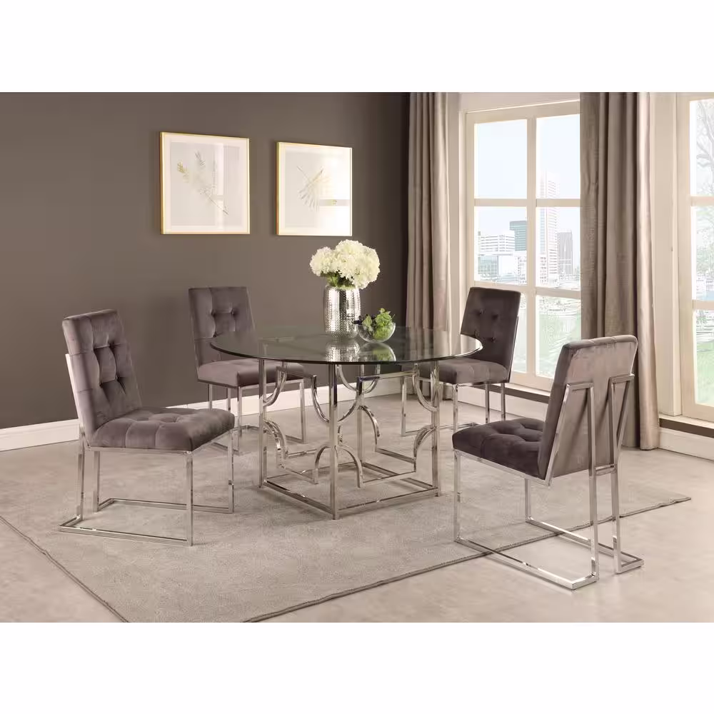 Best Master Furniture Barbosa 60 in. Modern Round Glass Dining Table Silver