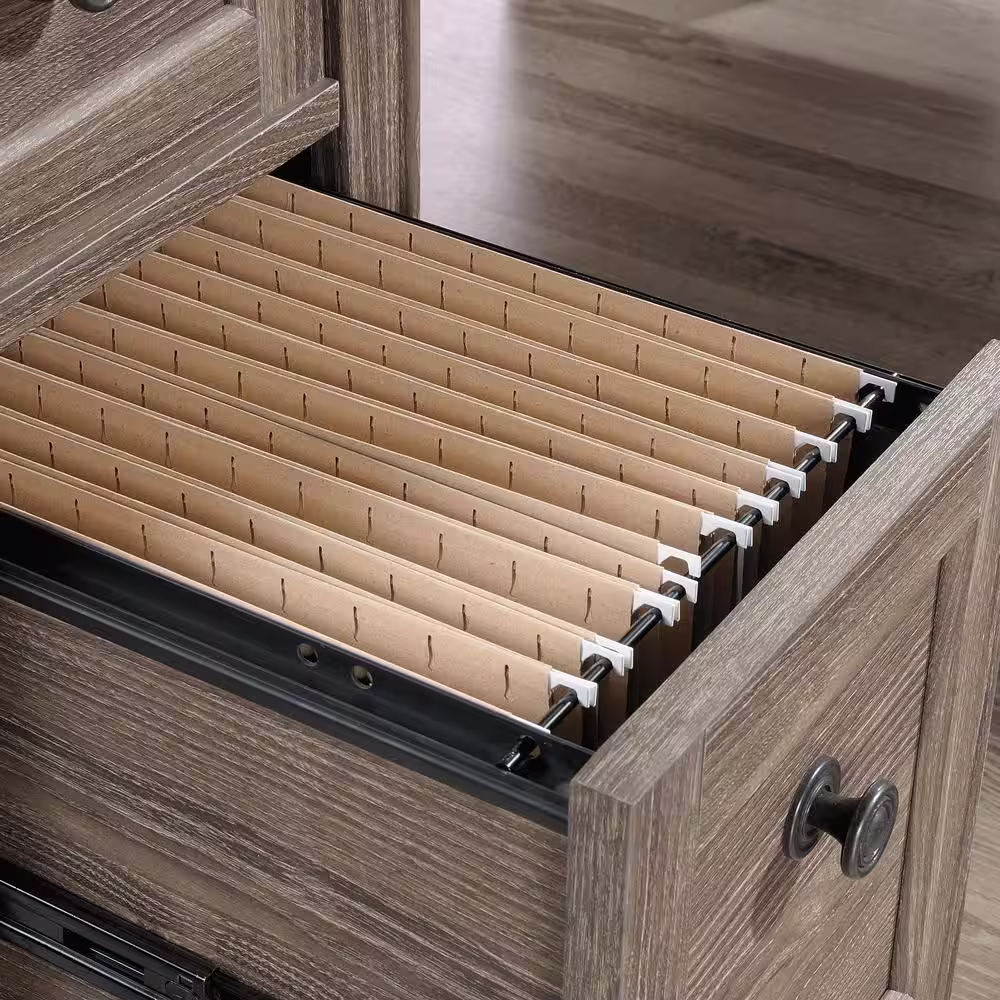 SAUDER 66 in. L-Shaped Emery Oak 3 Drawer Computer Desk with Keyboard Tray