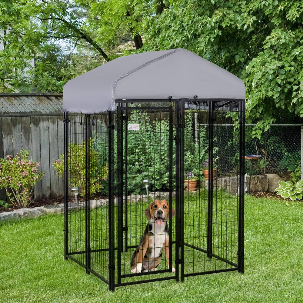 PawHut 4 ft. x 4 ft. x 6 ft. 0.0004-Acre Black Steel In-Ground Dog Fence Dog Kennel Outdoor Steel Fence with Canopy