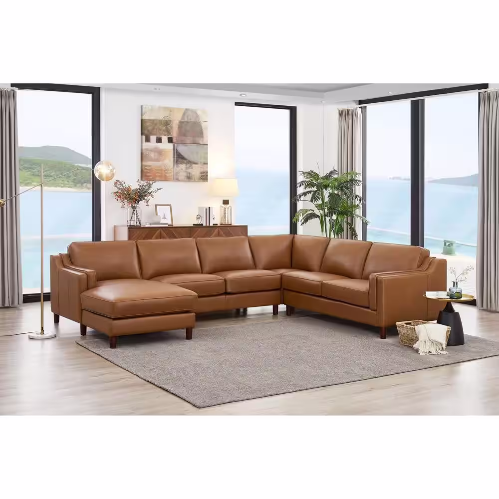 Hydeline Bella 132 in. Square Arm 4-Piece Leather Lawson 6-Seater Sectional Sofa in Brown w/Left Facing Chaise