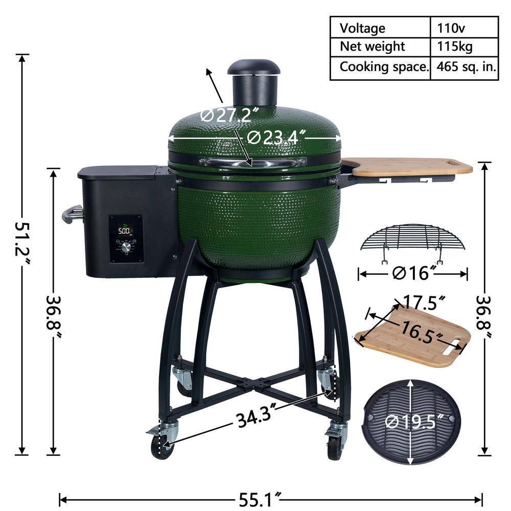 Merax 24  in.Ceramic Pellet Grill in Dark Green with 19.6 in. Dia Gridiron Double Ceramic Liner 4-in-1 Smoked Roasted BBQ