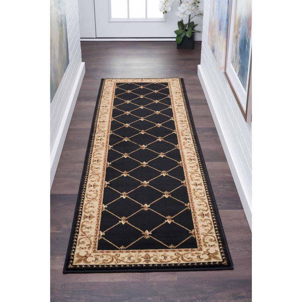 Tayse Rugs Sensation Border Black 2 ft. x 10 ft. Indoor Runner Rug