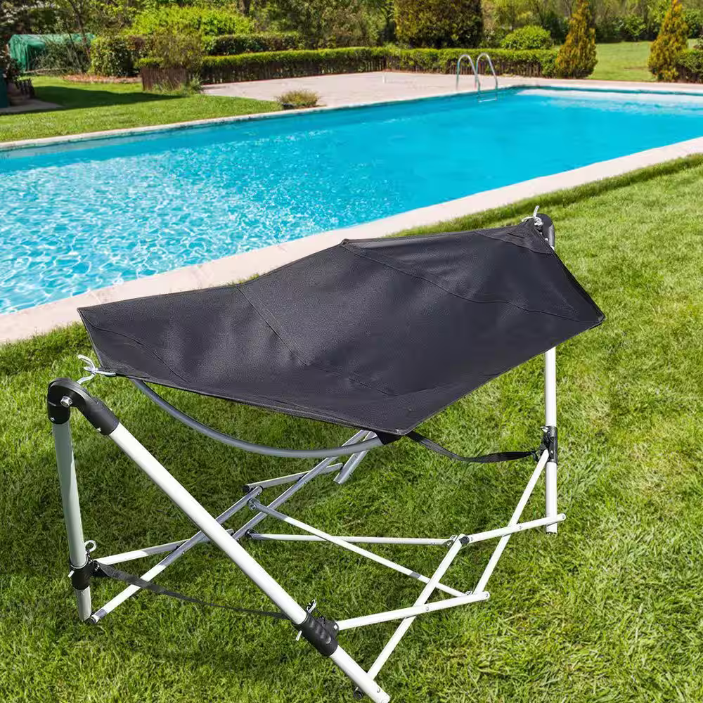None 7.9 ft. Outdoor Portable Folding Steel Frame Hammock Bed with Bag in Black