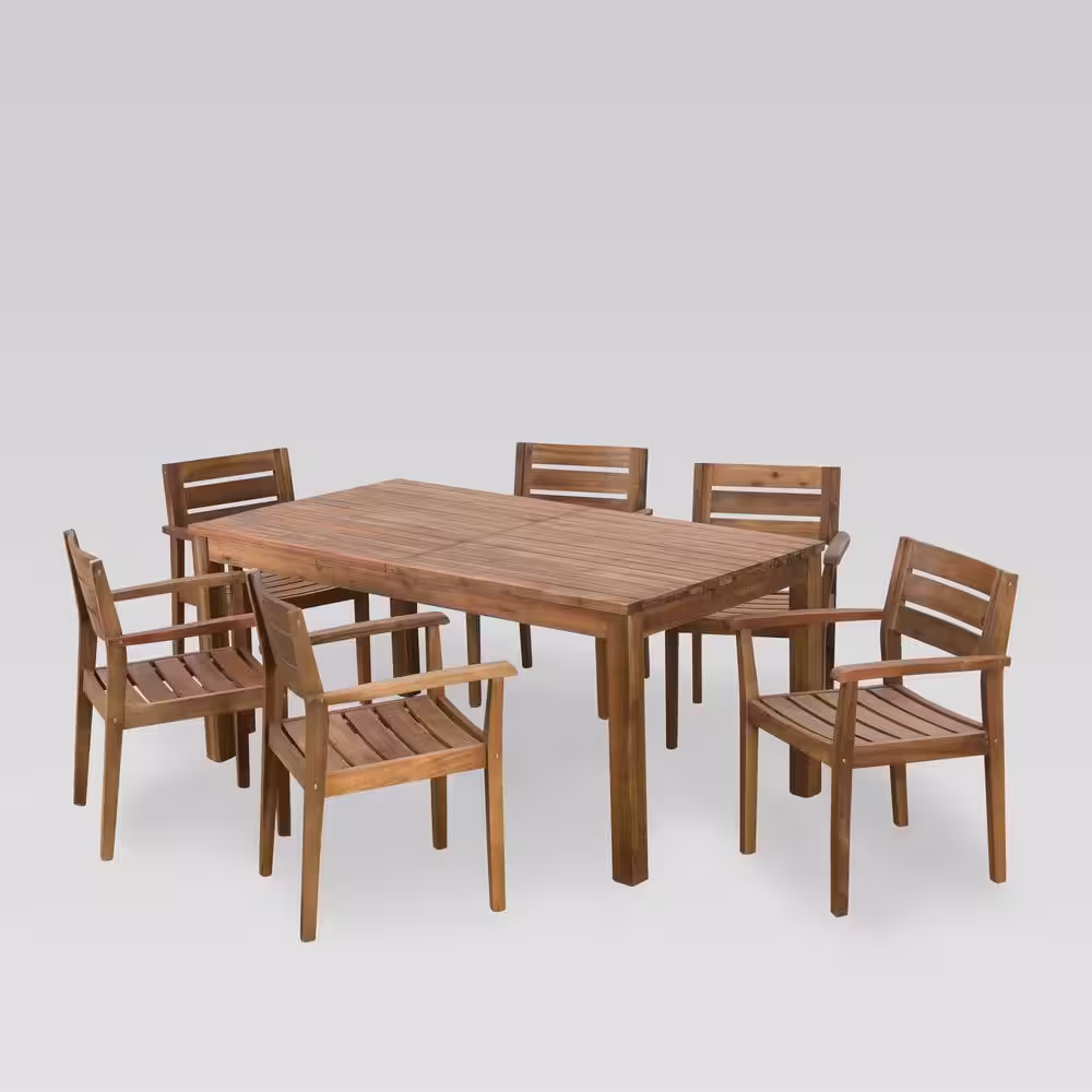 Noble House Aloha Multi-Brown Outdoor Acacia Wood Expandable 7 Piece Dining Set