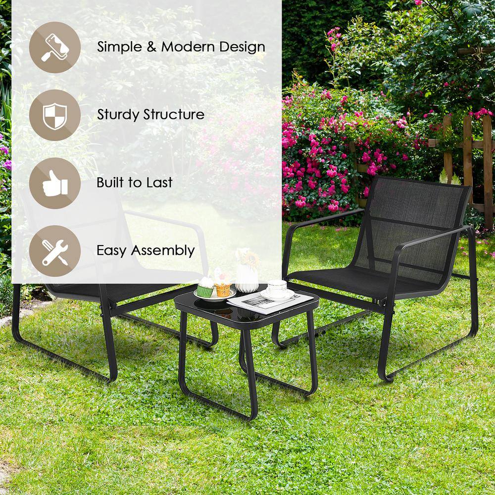 Costway 3-Piece Glass Patio Bistro Furniture Set Top Table Garden Deck Black