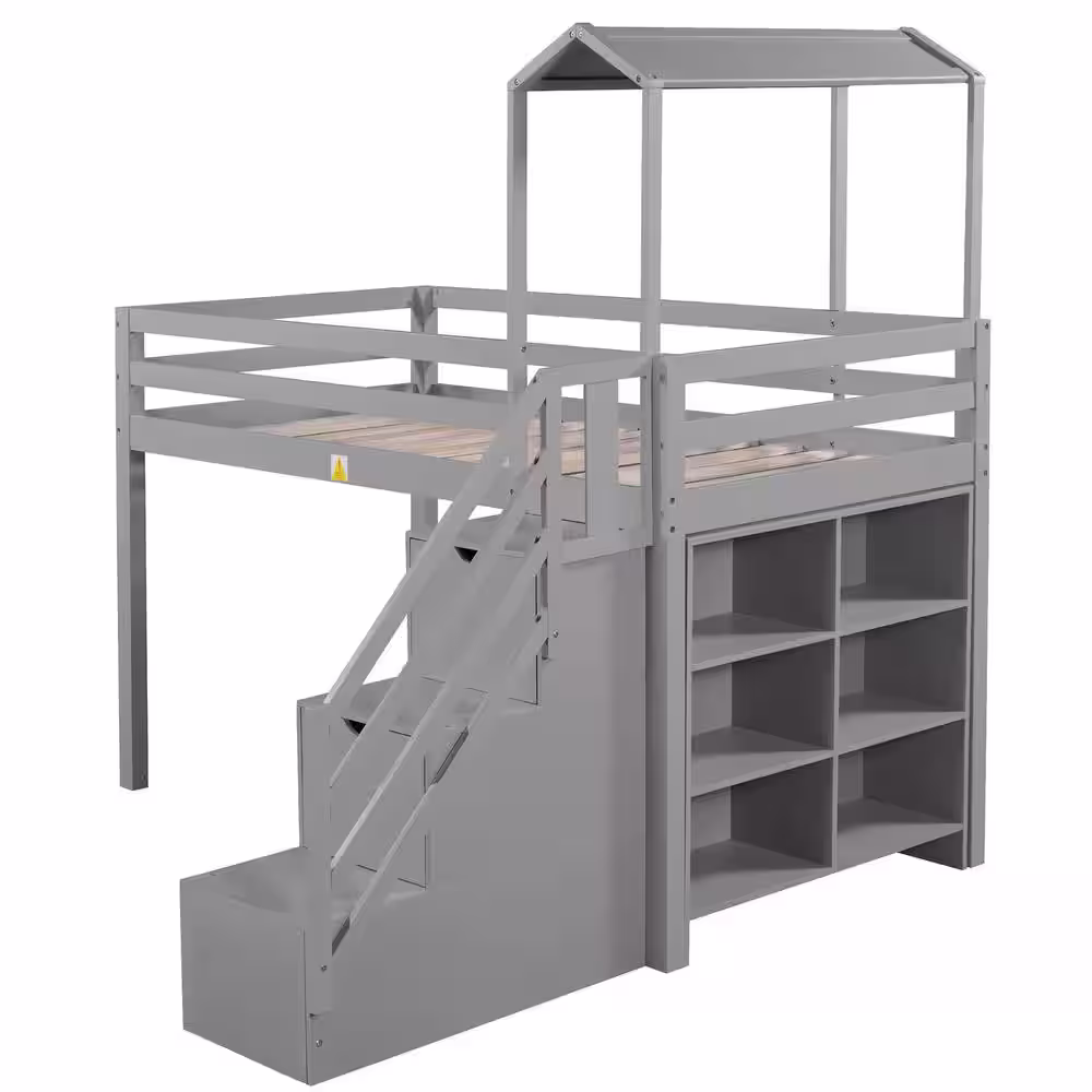 Harper & Bright Designs Gray Twin over Full House Roof Bunk Bed with Staircase and Shelves