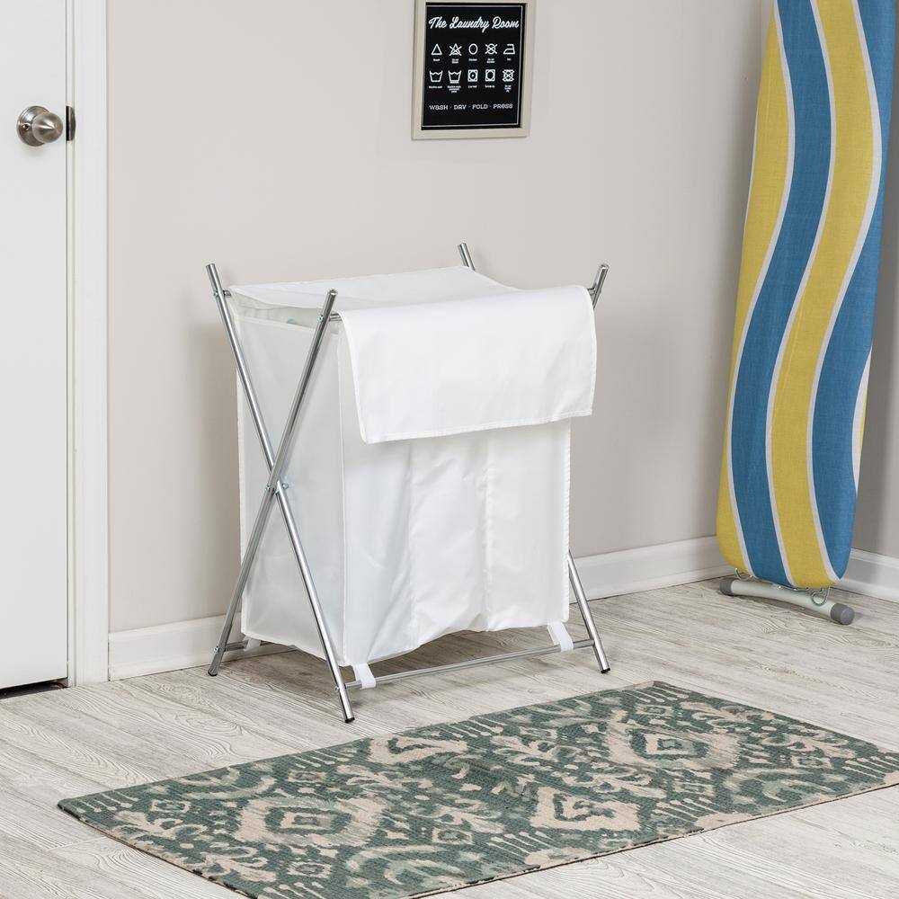 Honey-Can-Do White and Chrome Polyester and Steel Triple Laundry Hamper with Folding X-Frame