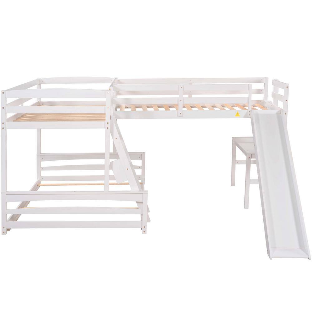 Harper & Bright Designs L-Shaped White Twin Over Full Triple Bunk Bed with Ladder, Slide and Desk