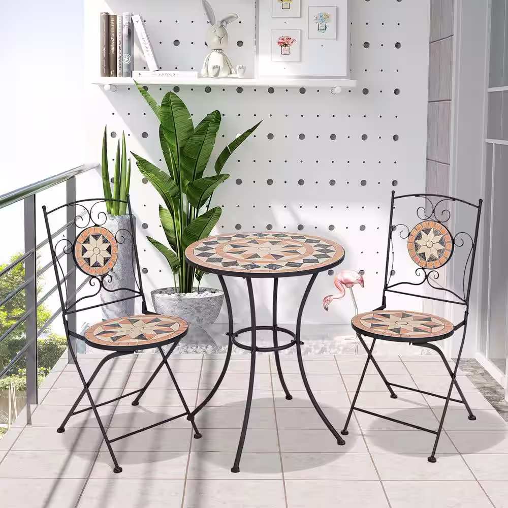 ANGELES HOME 3-Piece Metal Outdoor Bistro Set with 1 Round Mosaic Table and 2 Folding Chairs