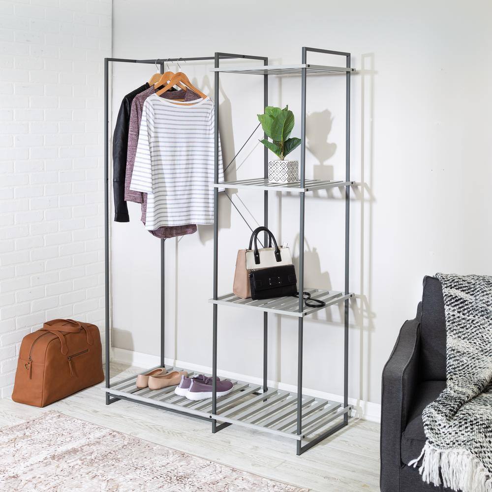 Honey-Can-Do Gray and White Steel Freestanding Open Clothes Rack with Shelves (45.2 in W. x 68 in. H)