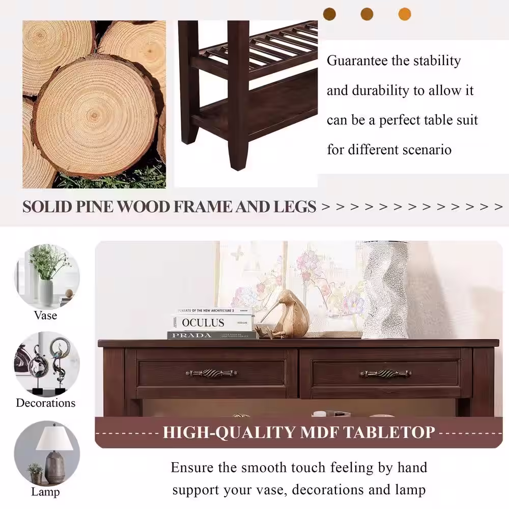 None Retro and Modern Design 42 in. Espresso Rectangle Solid Wood Console Table Sofa Table with 2 Drawers and 2 Open Shelves