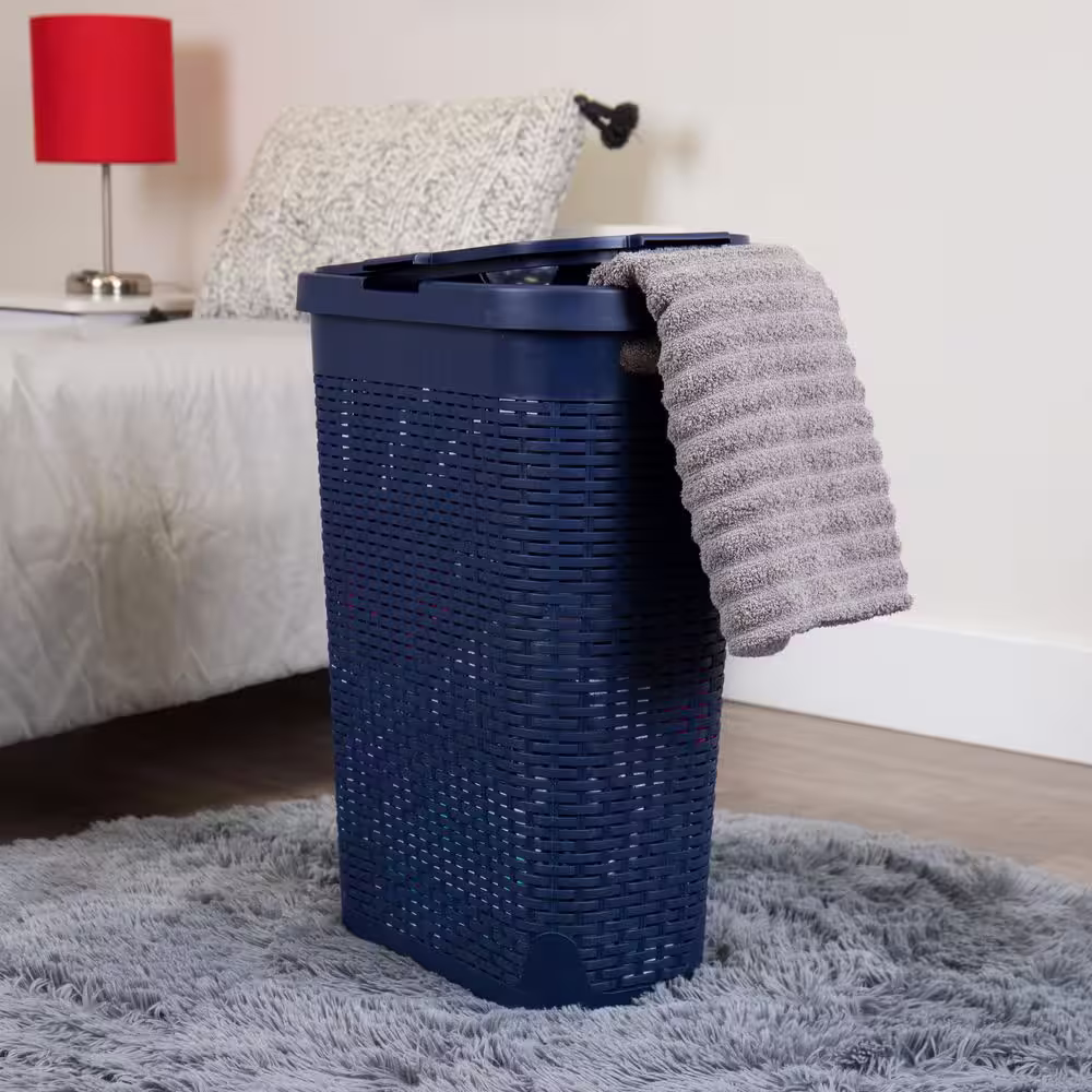 Mind Reader Basket Collection, Slim Laundry Hamper, 40 Liter (15kg/33lbs) Capacity, Attached Hinged Lid, Navy