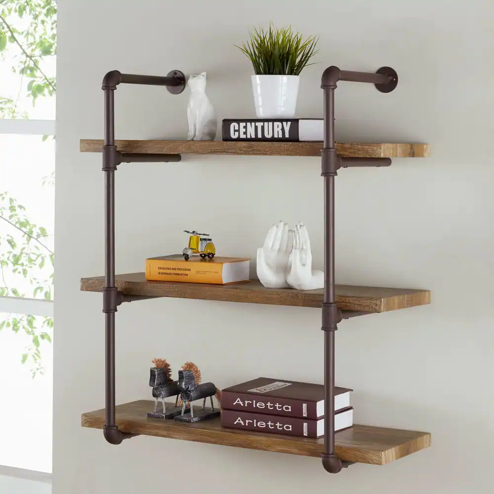 DANYA B Urbanne Industrial Aged 3-Tiered Wood Print MDF and Metal Pipe Floating Wall Shelf