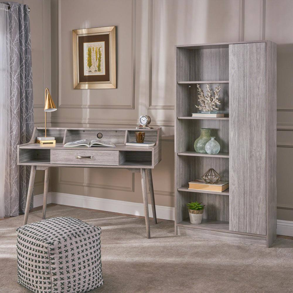 Noble House Brenda 47.24 in. Rectangular Grey Oak Wood 1-Drawer Desk with Bookcase