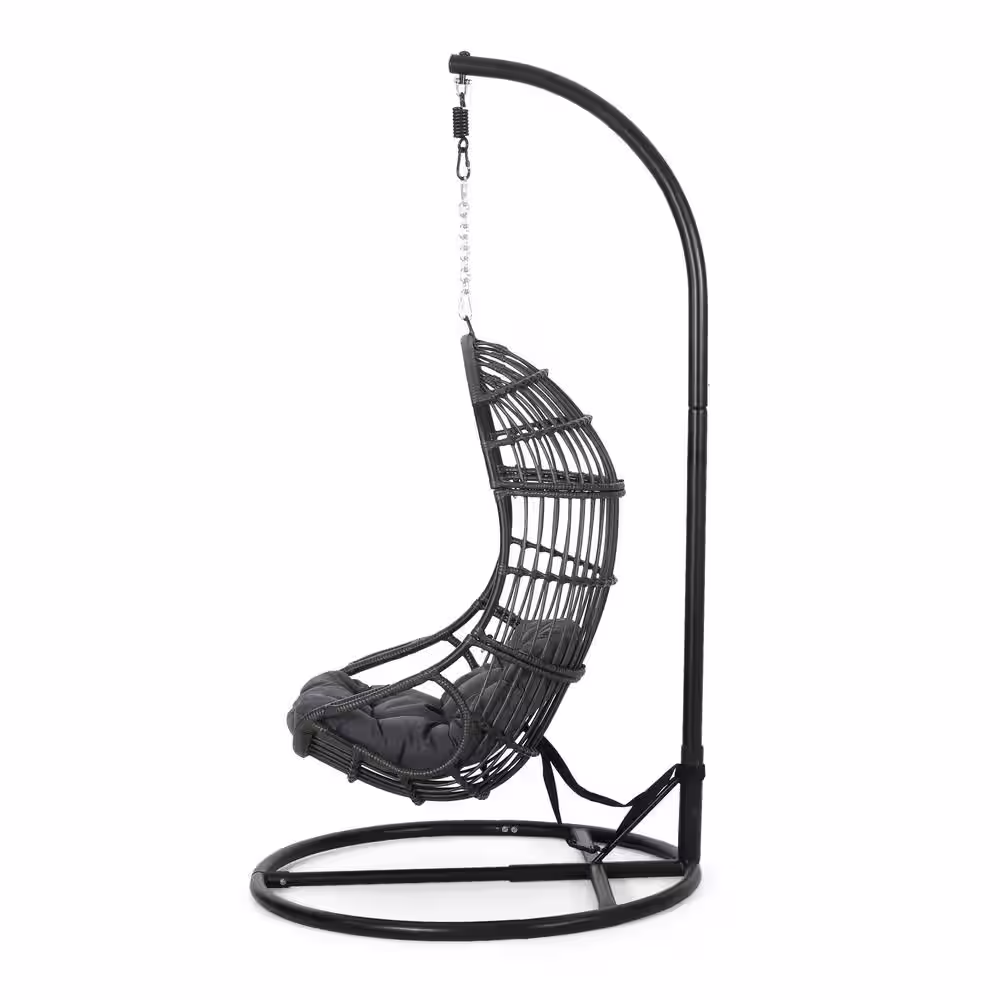 Noble House Crumpton 3.7 ft. Outdoor Hammock Chair Wicker Gray and Black Hanging Chair with Stand