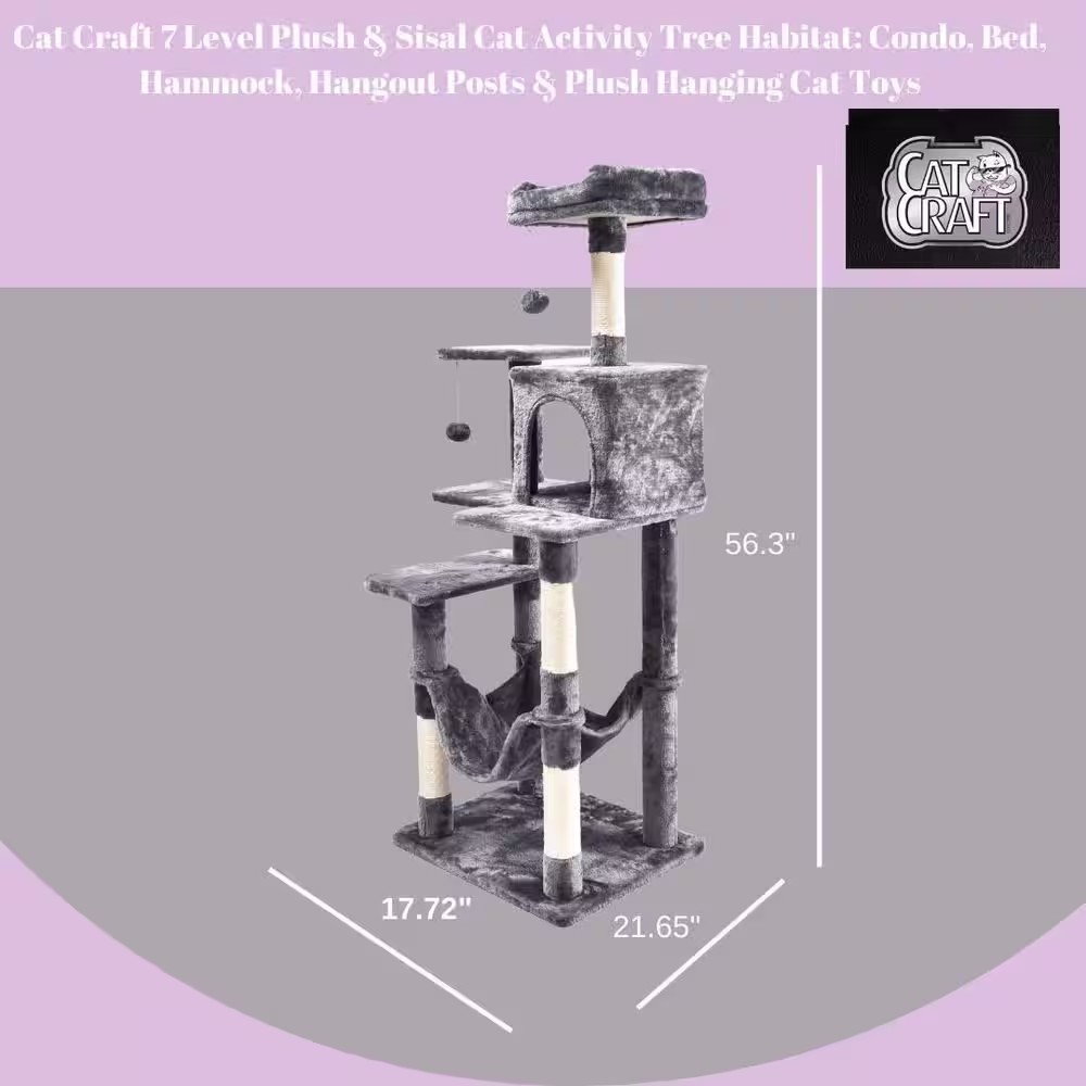 CAT CRAFT 7-Level Plush and Sisal Cat Activity Tree: Condo, Bed, Hammock, Hangout Posts and Hanging Cat Toys, Gray, Large