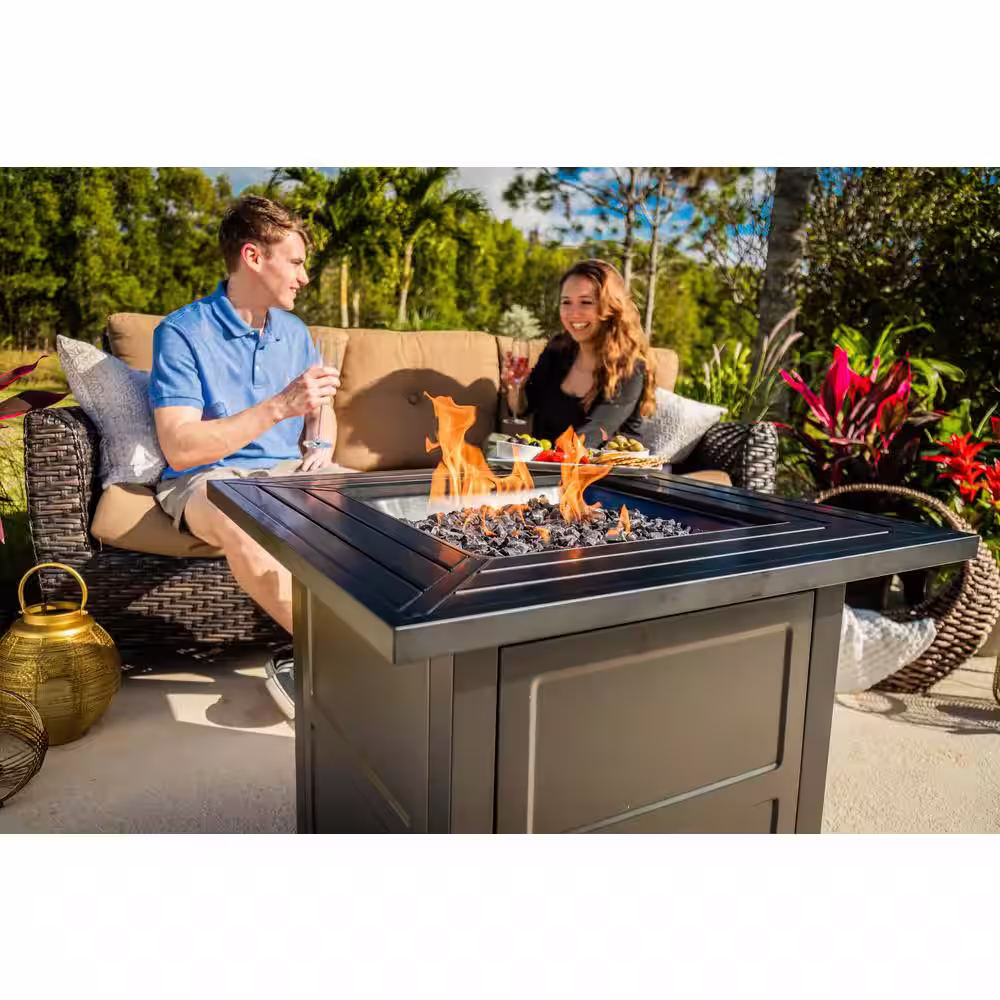 FIRE ISLAND 30 in. W x 24.6 in. H Square Steel Propane Black Slate Fire Pit with Stamped Steel Black Base and 50000 BTU Burner