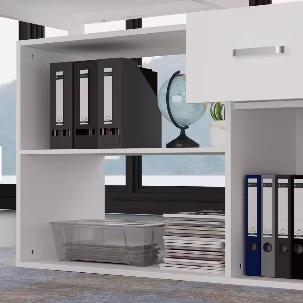 None L-Shaped White Wooden Commercial Writing Desk, with 1 Drawer, Open Shelves and Eco-Friendly Paint Finish, 55.1 in. W