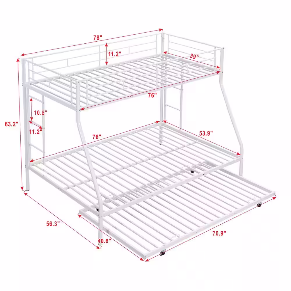Harper & Bright Designs White Twin Over Full Metal Bunk Bed with Twin Size Trundle