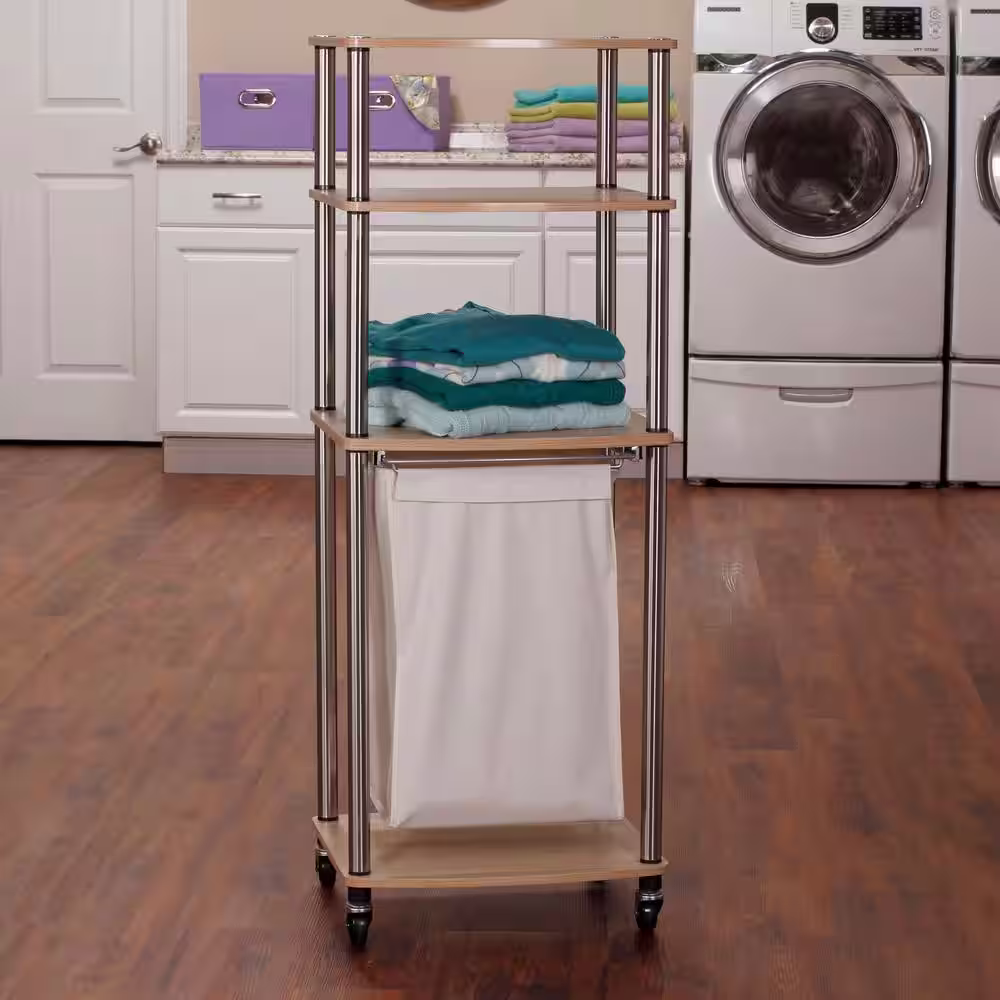 HOUSEHOLD ESSENTIALS Light Ash Laundry Hamper Storage Cart, 4 Load Capacity with 2 Storage Shelves and Wheels