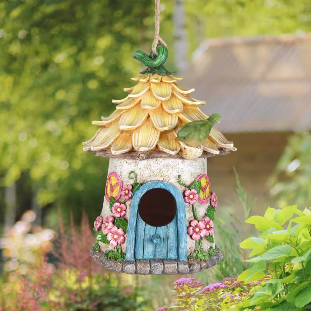 Exhart 6.5 in. x 9 in. Resin Solar Hand Painted Hanging Fairy House with Illuminating Bird Birdhouse