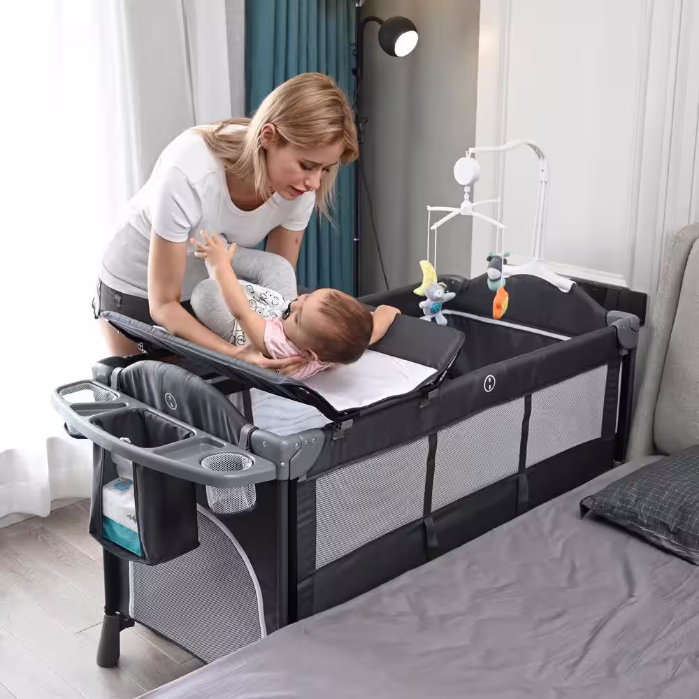 FUFU&GAGA Gray Multifunctional Foldable Baby Crib Co-sleeper Playpen Adjustable Infant Bassinet Bed with Carry Bag Hanging Toys