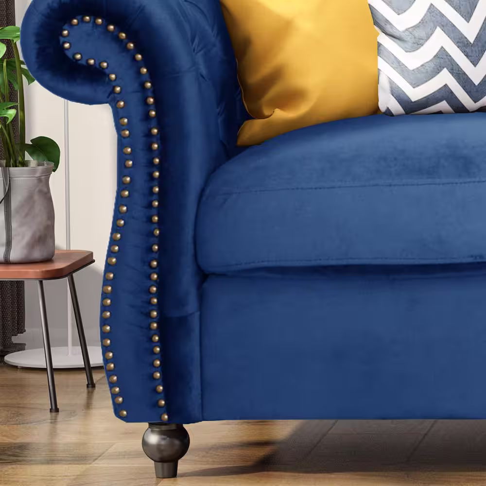 Noble House Sommerville Navy Blue Velvet 3-Seater Chesterfield Sofa with Flared Arms
