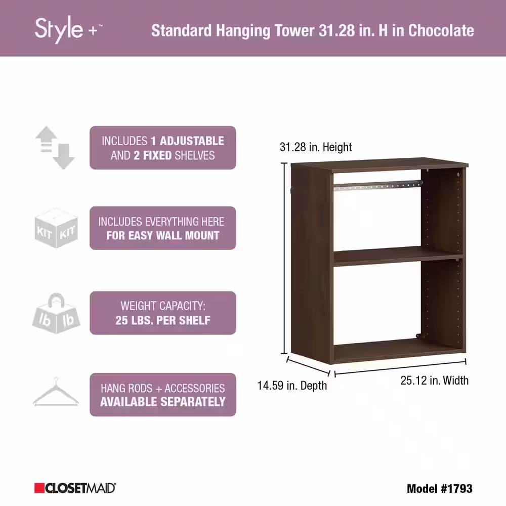 ClosetMaid Style+ 14.59 in. D x 25.12 in. W x 31.28 in. H Chocolate Wood Closet System Hanging Tower