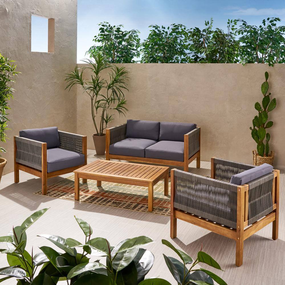 Noble House Laurel Teak Brown 4-Piece Wood Patio Conversation Seating Set with Grey Cushions