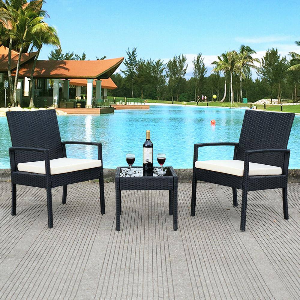 Costway Black 3-Piece Rattan Wicker Patio Conversation Set Backyard Garden Seating Furniture with Off White Cushions
