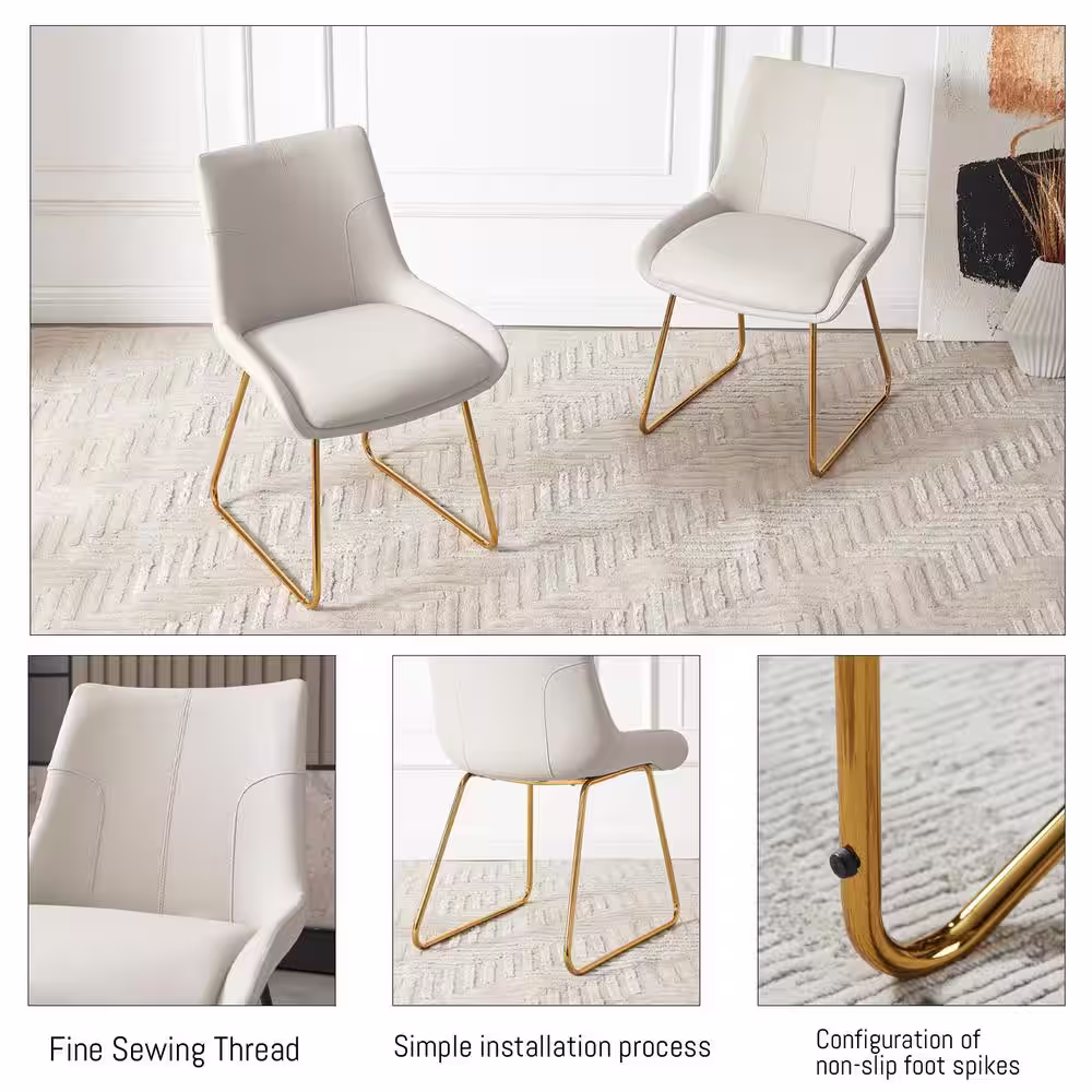 None Beige Faux Leather Upholstered Dining Chairs with U-shaped Legs(Set of 4 Gold Legs Chairs)