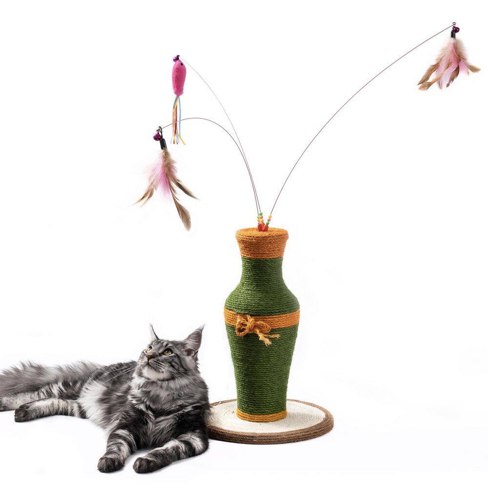 Tatayosi 11.8 in. x 16.5 in. Grass Green Vintage Vase-shaped Cat Scratching Post with 3 Feather Toys