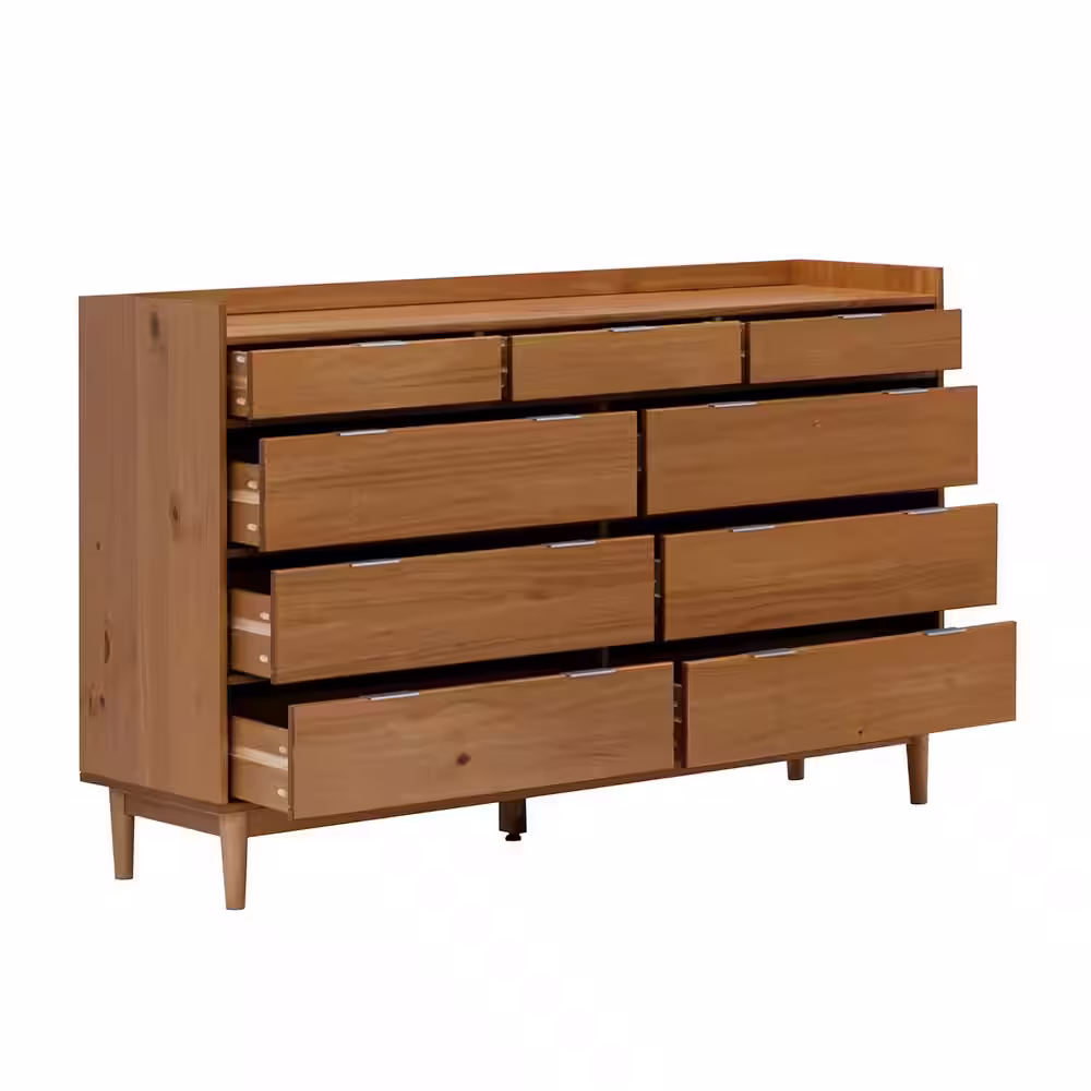 Welwick Designs 9-Drawer Caramel Solid Wood Mid-Century Modern Dresser with Tray Top (36 in. H x 60 in. W x 16 in. D)