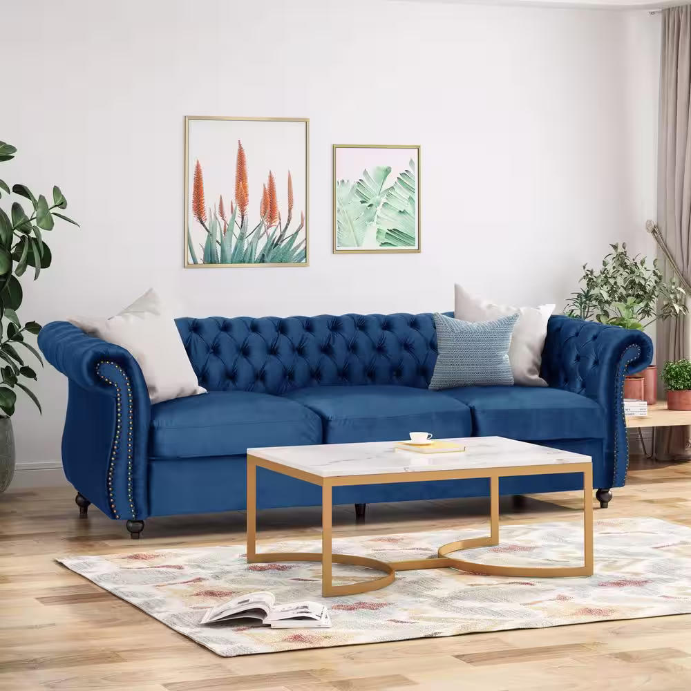 Noble House Sommerville Navy Blue Velvet 3-Seater Chesterfield Sofa with Flared Arms