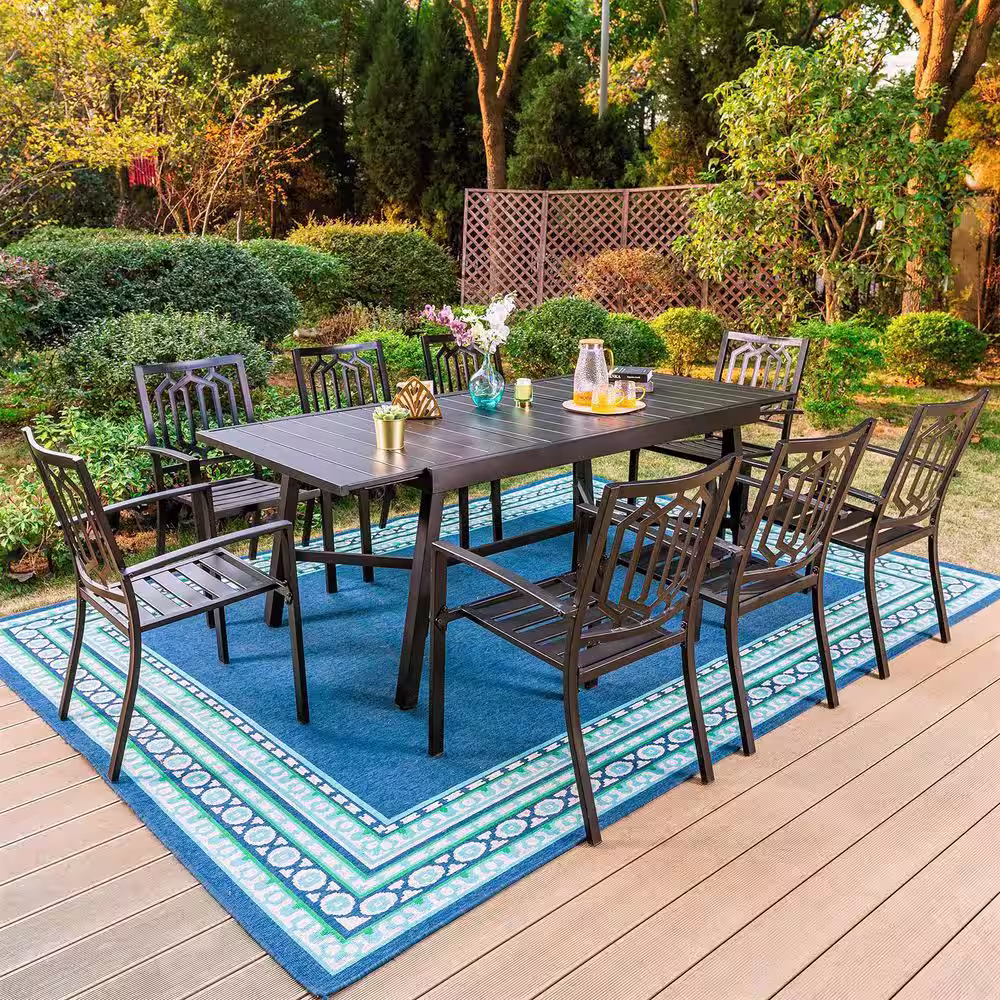 None Black 9-Piece Metal Outdoor Patio Dining Set with Slat Extendable Table and Fashion Stackable Chairs