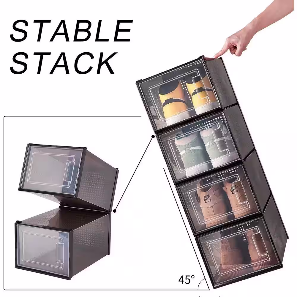 cadeninc 8-Pair Black Clear Stackable Plastic Shoe Boxes (13.7 in. L x 9.84 in. W x 7.36 in. H)