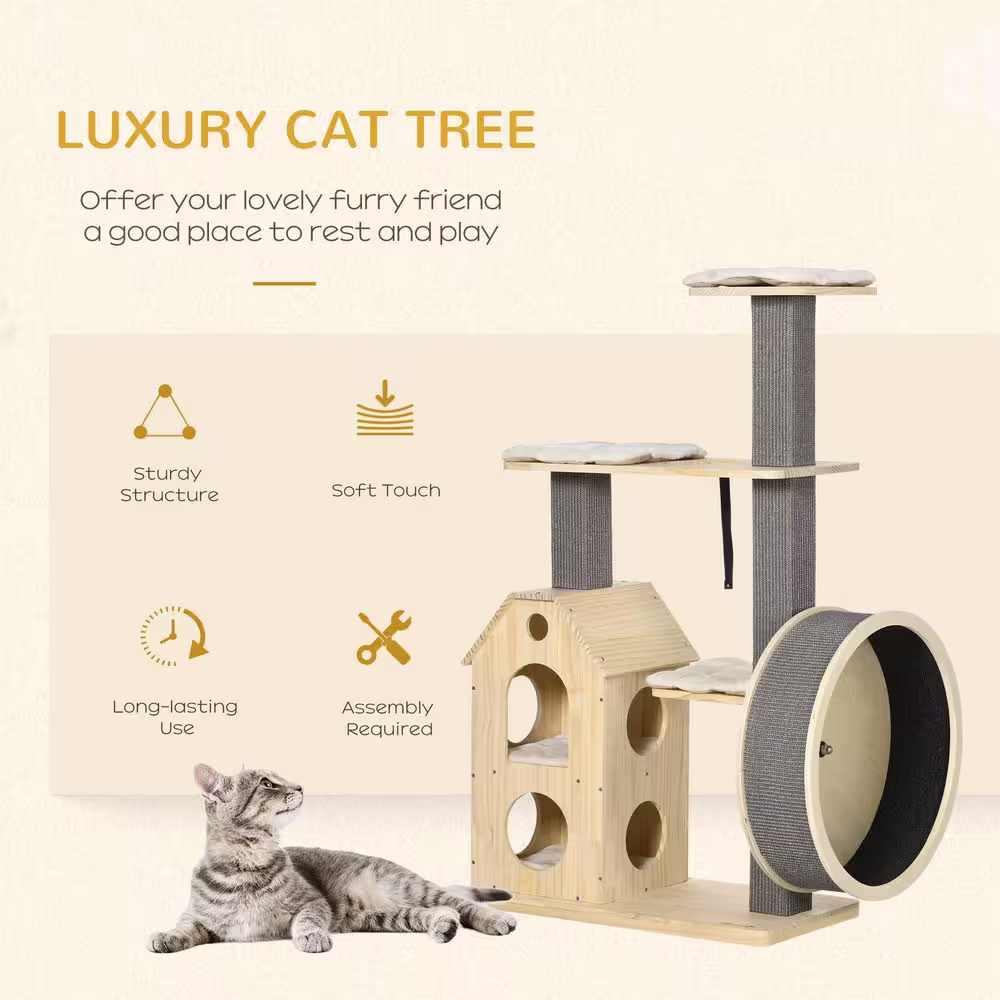 PawHut 53 in. Cat Tree, Kitty Activity Center Cat Tower with Running Wheel, Cat Bed, Cushions, Sisal Scratching Post