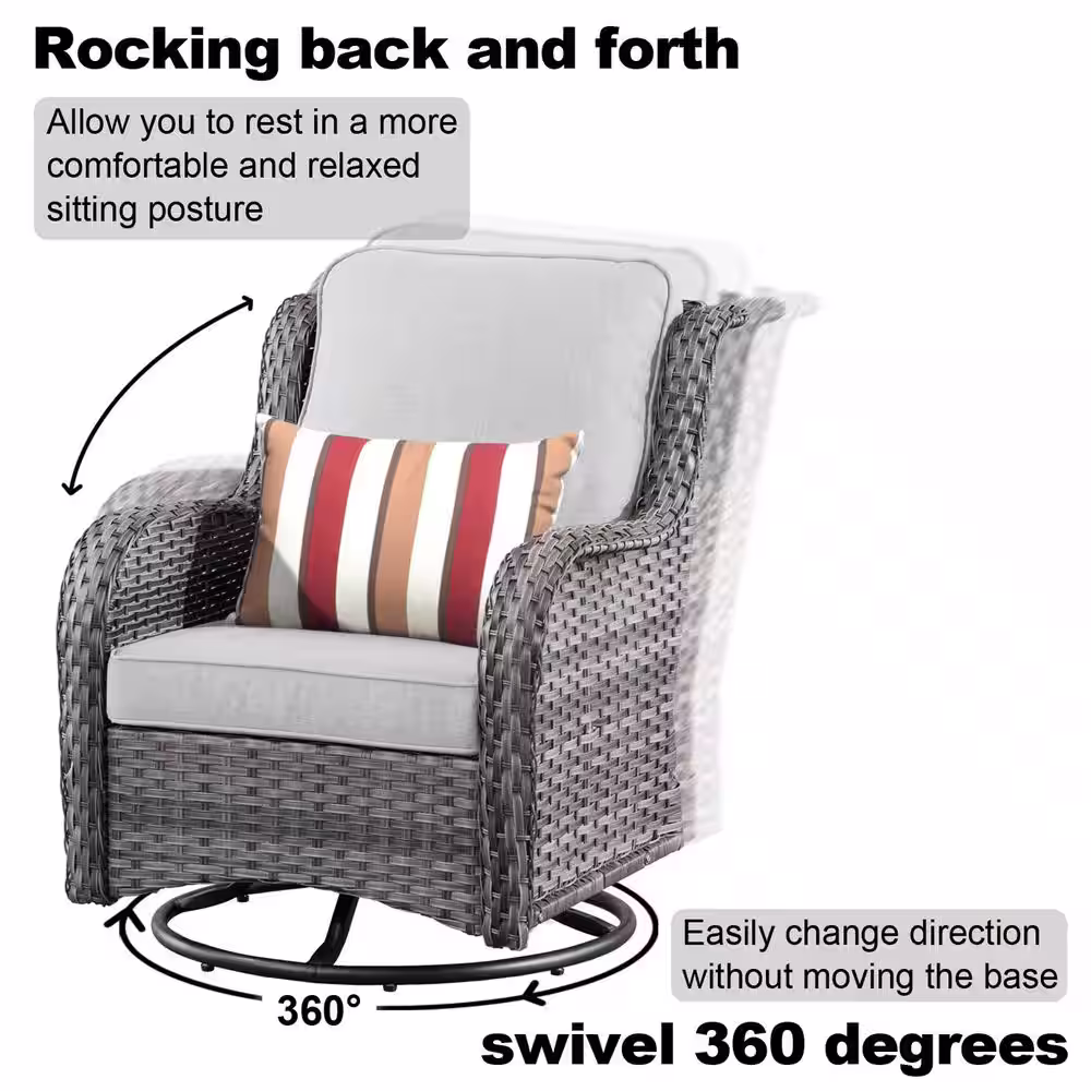 XIZZI Moonlight Gray 8-Piece Wicker Patio Conversation Seating Sofa Set with Gray Cushions and Swivel Rocking Chairs