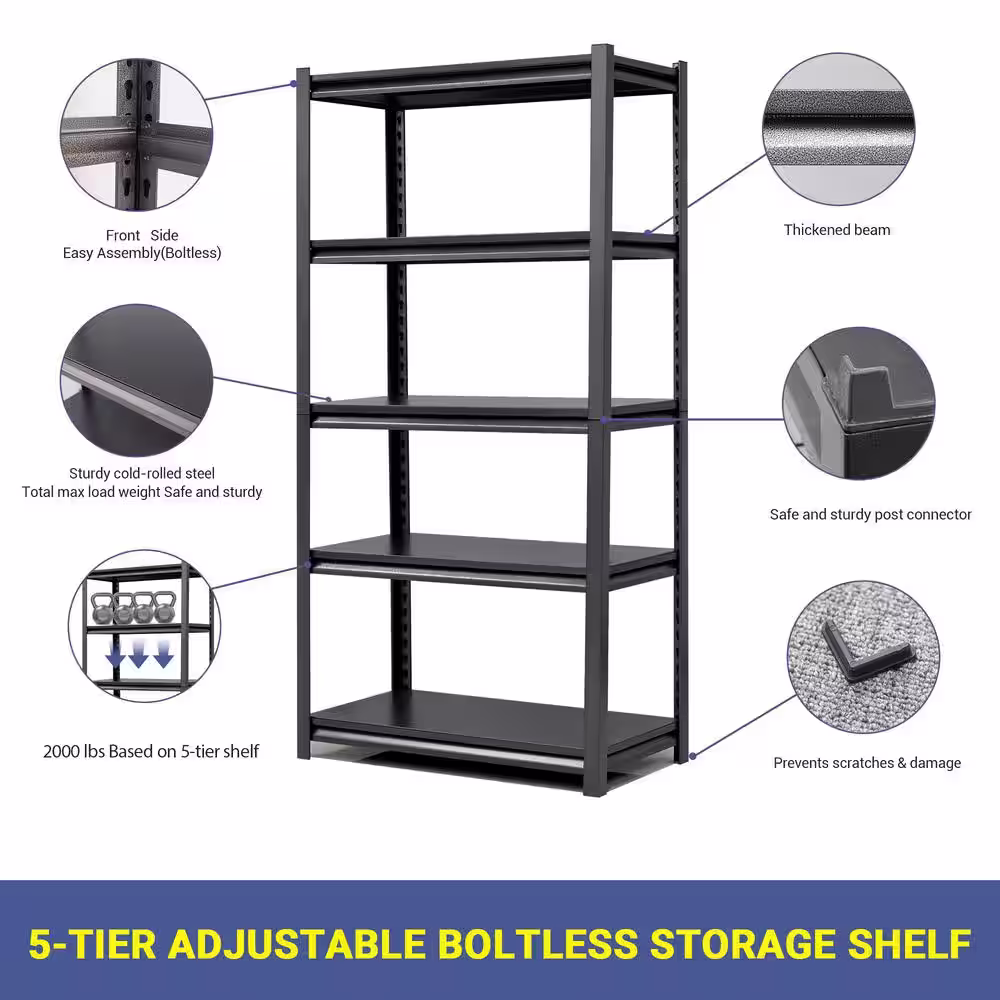 Amucolo Black 5-Tier Adjustable Heavy Duty Metal Shelving Unit Shelving Utility Rack 31.5 in. W x 15.75 in. D x 63 in. H