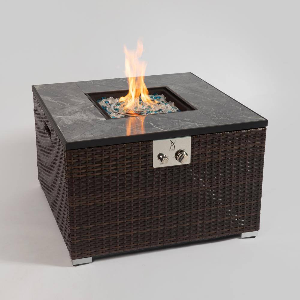 None Brown Wicker Square Outdoor Fire Pit Table with Ceramic Tile Tabletop