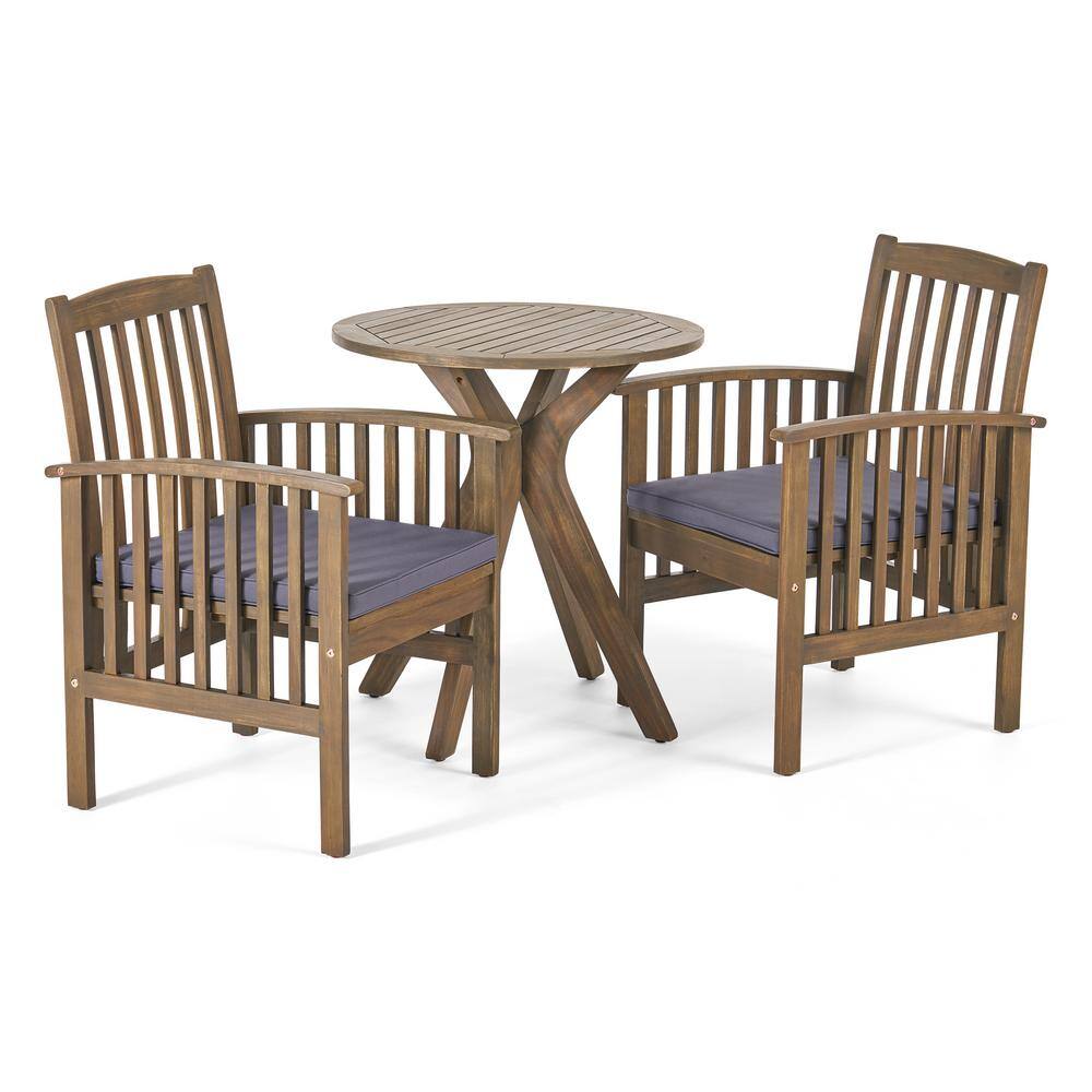 Noble House Casa 30 in. Gray 3-Piece Wood Round Outdoor Bistro Set with Dark Grey Cushions