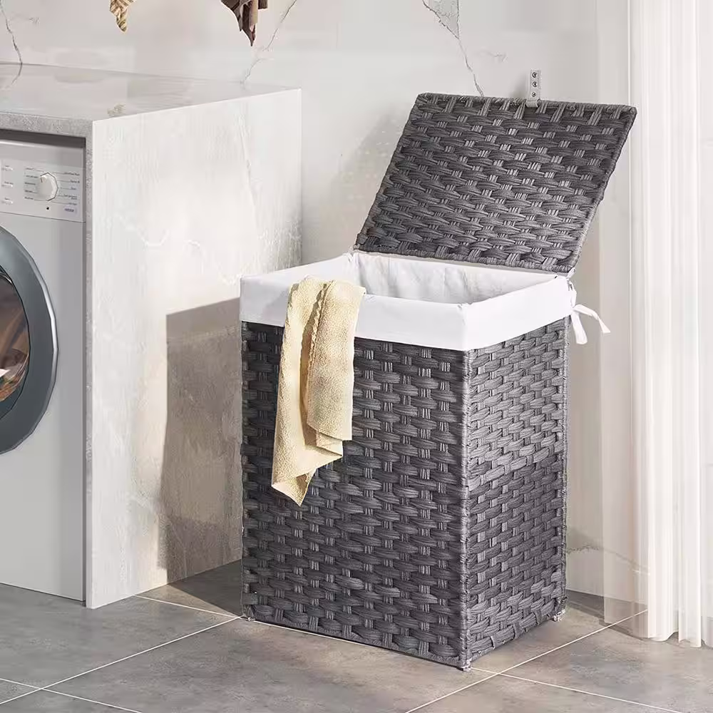 None 90L Rattan Laundry Basket Hamper with 2 Removable Liner Bags Gray