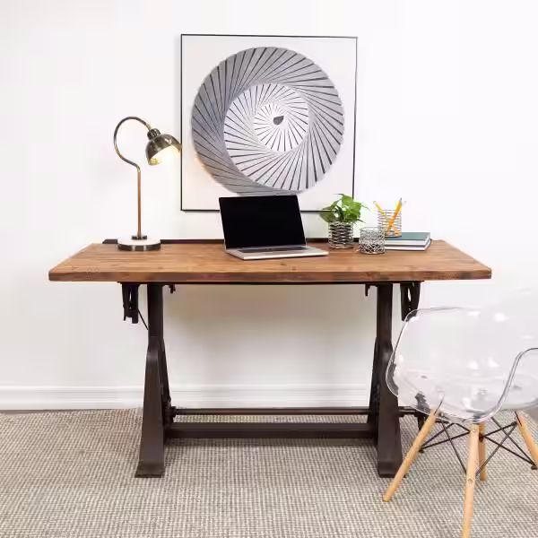 Litton Lane 30 in. Rectangle Brown Teak Wood Drafting Style Computer Desk with Tilting Top and Crank Height Adjustment